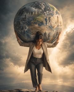 ChatGPT Image May 15 2026 11_55_46 AM - Change, Inc. St. Louis Counseling A professional woman lifts a gigantic globe above her shoulders, with tiny people depicted around its surface, set against a cloudy sky.